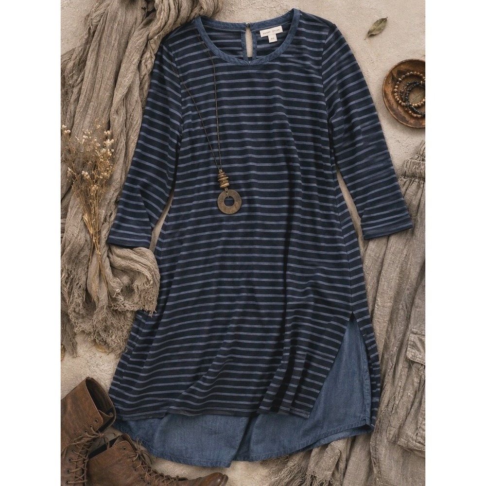J Jill 100% Cotton Knit Dress Medium Striped Chambray Hem Pockets Lagenlook Prep
